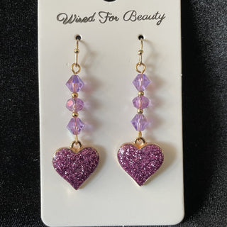 earrings, purple glitter hearts w/ purple beads RSV