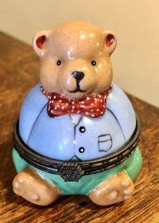 Teddy Bear Red Polka Dot Bow Tie Porcelain hinged Keepsake trinket box #62 VV MTS|72974