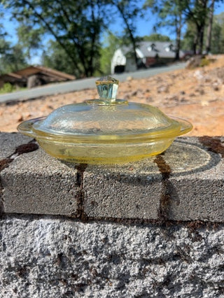 Vintage Hazel Atlas Florentine Yellow Depression Glass Covered Bowl