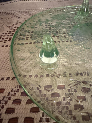 Vintage Green Glass Three Footed cake Plate - Chip on 1 foot -RCD|112302