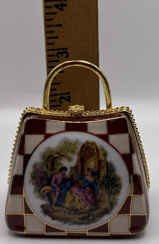 Vintage 1980's My treasure hand painted Maroon and gold victorian scene porcelain trinket box with gold handle #62 VV|97563