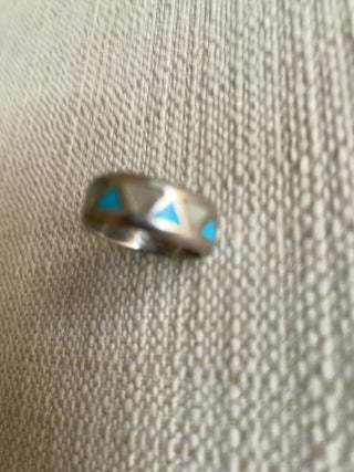 Vintage Inlay Turquoise And Mother Of Pearl Silver Band Ring  Size 7