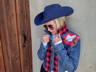 Jean Jacket, Bold Red & Black Squares, Size S|109340