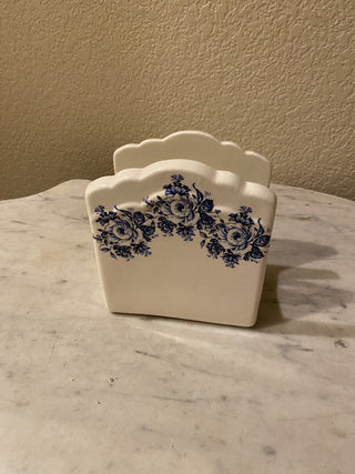 Blue and white vtg ceramic napkin holder RCD