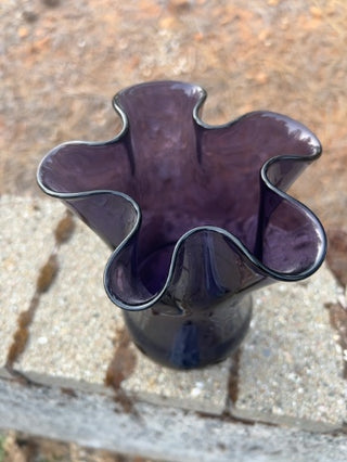 8.5” Wavy Amethyst Art Glass Hand Blown Handkerchief Vase