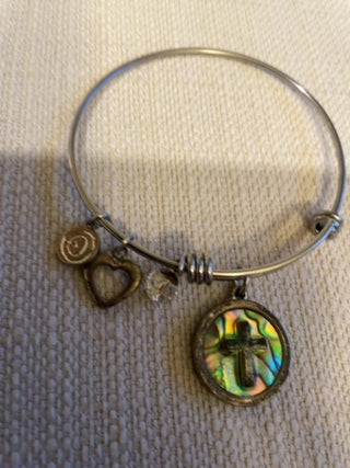 Silver bangle, charm bracelet, iridescent Cross
