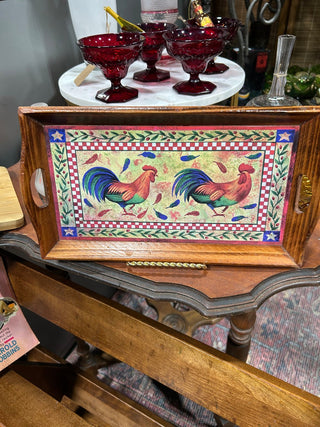 Wooden rooster tray with handles