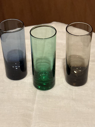 Set of 3 tall shot glasses (green, blue & smoky). #SM