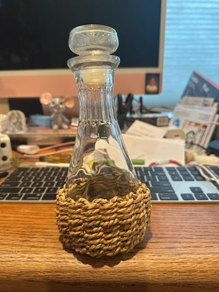 Glass Carafe w/woven wicker cover & glass stopper/cap 8"