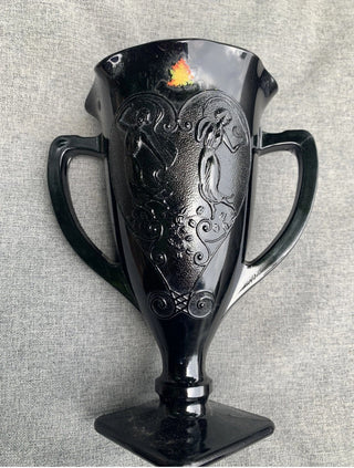 1930's Le Smith Glass Black Amethyst Trophy Vase Embossed Dancing Nymphs Antique #47 VV MTS|108279