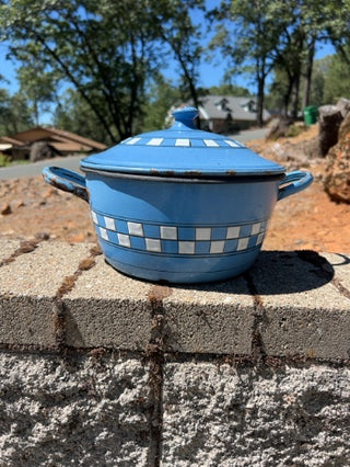 enamel-on-steel stock pot with a lid
