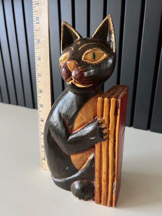 Vintage wooden cat and books figurine RSV|105585