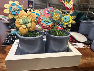Desktop Floral - white box (7"x4") w/2 blue ceramic jars w/button flowers RCD