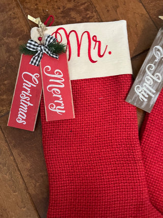 PAIR OF MR & MRS RED CHRISTMAS STOCKINGS WITH WOOD TAGS BURLAP-LIKE FABRIC NEW CONDITION (KJS) RCD|126489