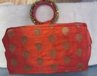EMBROIDERED INDIAN RAW SILK PURSE, ORANGE WITH BEADED HANDLES|64852