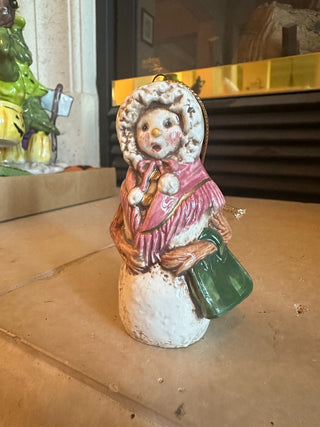 Ceramic Snowman dressed as woman w/pink scarf, blue purse RCD|95465