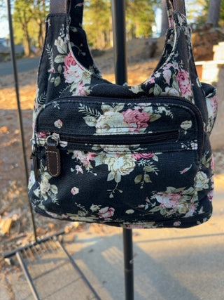 Magnolia floral black denim shoulder bag