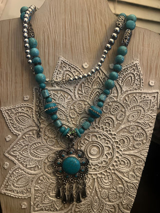 Mj94-Native Turquoise/Silver pendant tassel necklace  MTS|137437