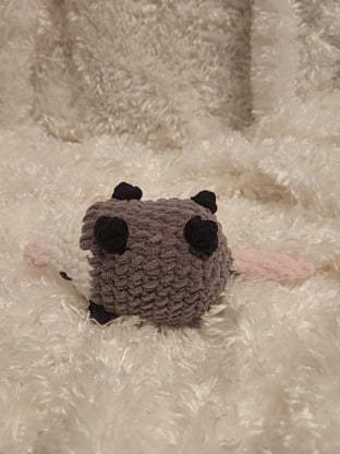 Opossum: Crocheted gray, black, white, pink. 8 inches.