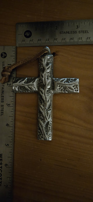 Vintage Silver Pewter Decorative Cross Ornate Etched Branch Hanging Wall Art, RSV|104926