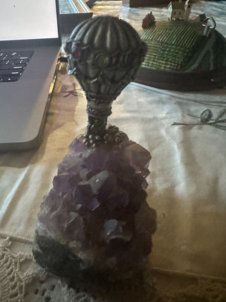 Miniature Pewter Man on Air Ballon figurine with Amethyst stone base #62 VV MTS