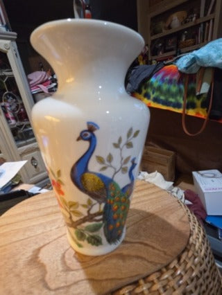 Vintage Colorful Blue and Green Porcelain Peacock Vase.