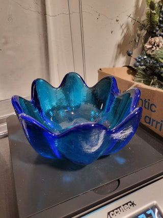 Vintage Blenko Blue Textured Art Glass 8 Petal Lotus Flower Bowl Dish Trinket. MTS