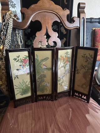 Vintage Oriental folding table top screen hand painted silk birds & Geishas #62 VV MTS