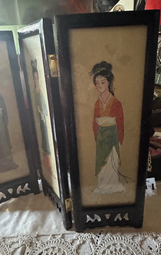 Vintage Oriental folding table top screen hand painted silk birds & Geishas #62 VV MTS