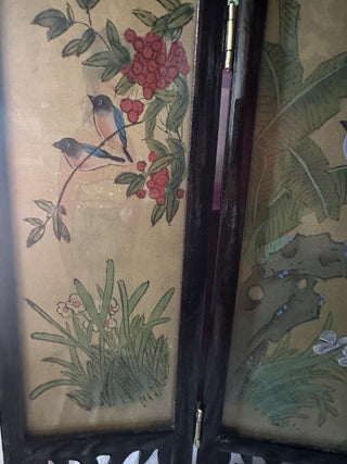 Vintage Oriental folding table top screen hand painted silk birds & Geishas #62 VV MTS