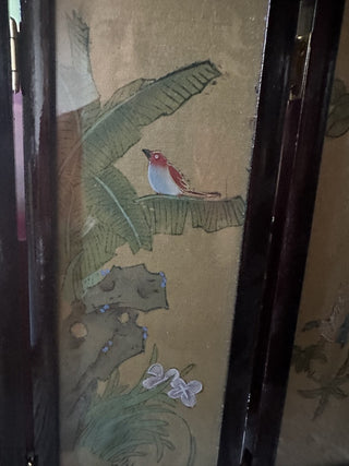 Vintage Oriental folding table top screen hand painted silk birds & Geishas #62 VV MTS