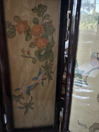 Vintage Oriental folding table top screen hand painted silk birds & Geishas #62 VV MTS