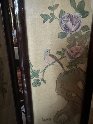 Vintage Oriental folding table top screen hand painted silk birds & Geishas #62 VV MTS
