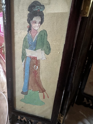 Vintage Oriental folding table top screen hand painted silk birds & Geishas #62 VV MTS
