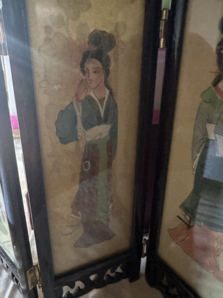 Vintage Oriental folding table top screen hand painted silk birds & Geishas #62 VV MTS