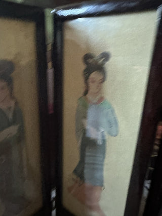 Vintage Oriental folding table top screen hand painted silk birds & Geishas #62 VV MTS