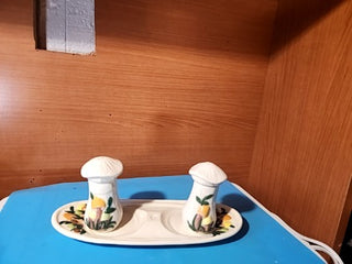 Vintage ceramic salt and pepper shakers with tray