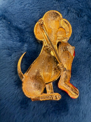 Gerry's Christmas Puppy Dog w Stocking + Holly Enamel PIN BROOCH Gold tone New|139023