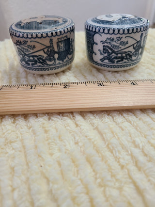 Currier & Ives Salt and Pepper Set, Handles, Blue/White RCD|87738