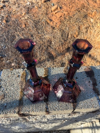 JP SET OF 2 vintage amethyst purple pressed glass hexagonal column candlestick holders 10”