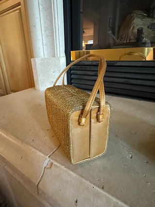 Vtg. La Regale Gold beaded Box Handbag 5.5" x 4". RCD|75947