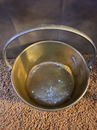 Vintage solid brass cooking pot with iron handle