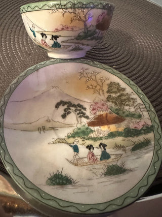 Vintage Teacup/Saucer China Green Trim MTS