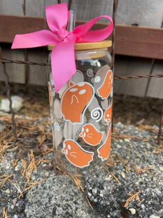 NEW Orange Ghost Glass Tumbler with Engraved Name Bamboo Lid and Glass Straw
