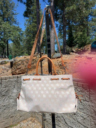 Vintage Y2K Dooney & Bourke logo monogram tote crossbody satchel bag in beige canvas brown leather trim