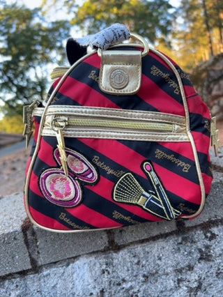 JP Betsey Johnson Betseyville makeup patch handbag featuring beauty-themed embroidered patches