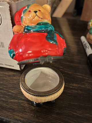 Vintage Porcelain Christmas Bear Hinged Trinket Box RSV|123753