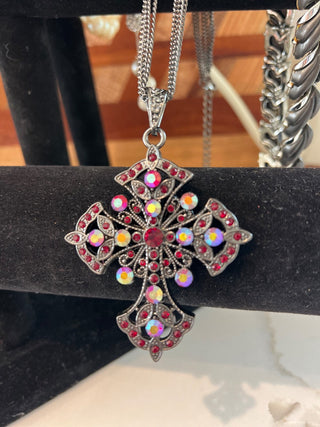 Red Aurora/Gunmetal Cross Necklace|51778