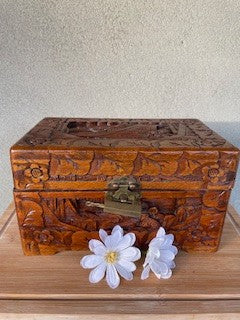 Vtg Hand Carved Camphor Wood Box with Lock RCD