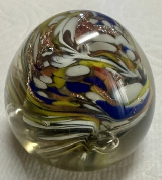 Vintage Art Glass Paperweight Blue, Yellow, Green Metalic  Flecks|52913